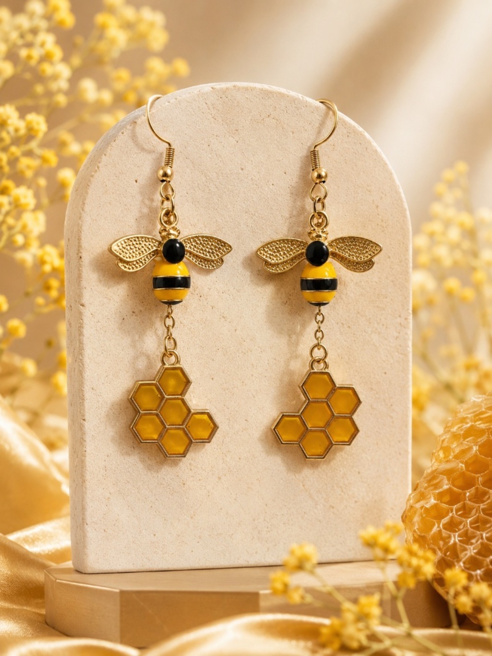 Gold Honey Bee & Honeycomb Dangle Earrings
